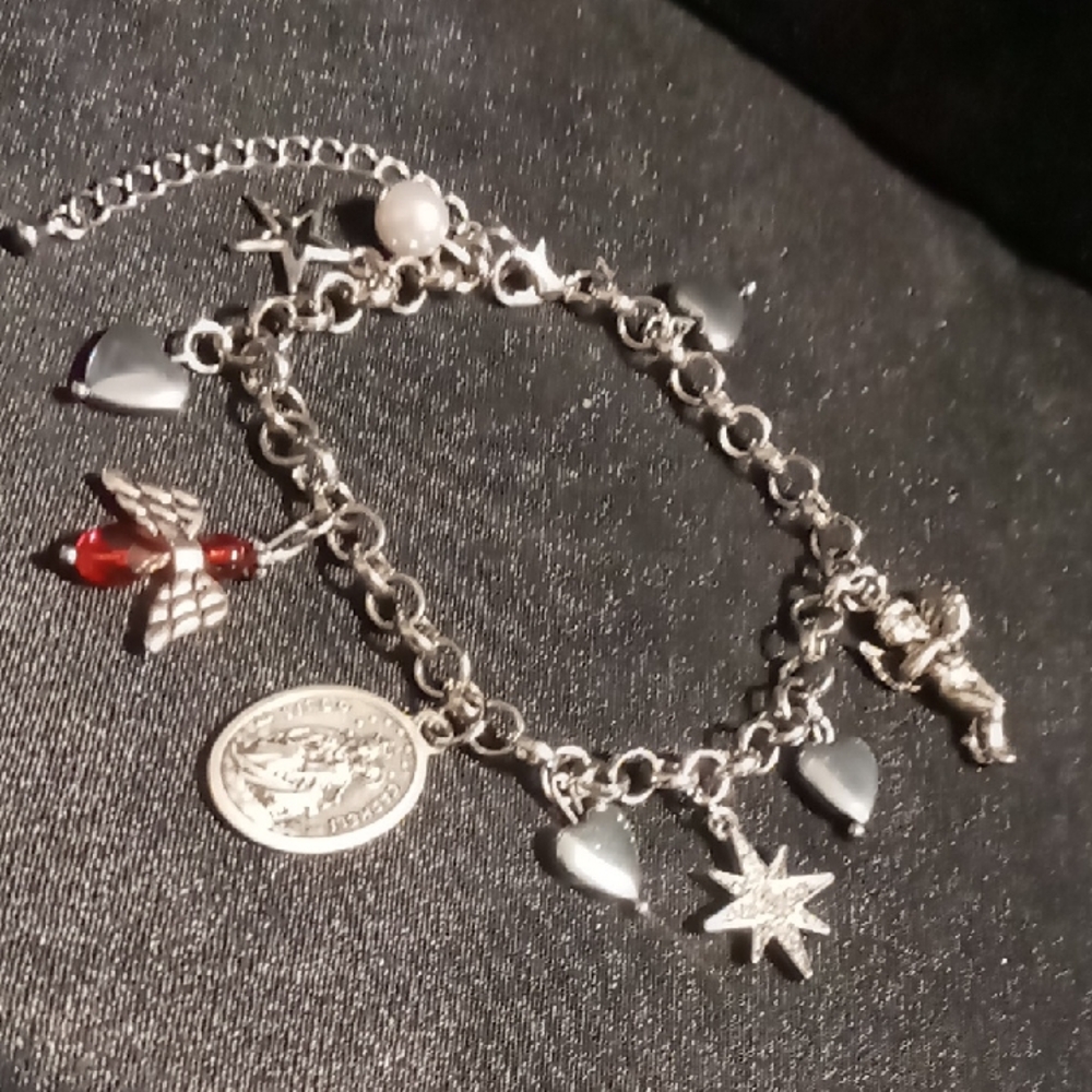 Silver Virgo Charmli  (Mother Mary) pray for us Bracelet with Red Accents angel.